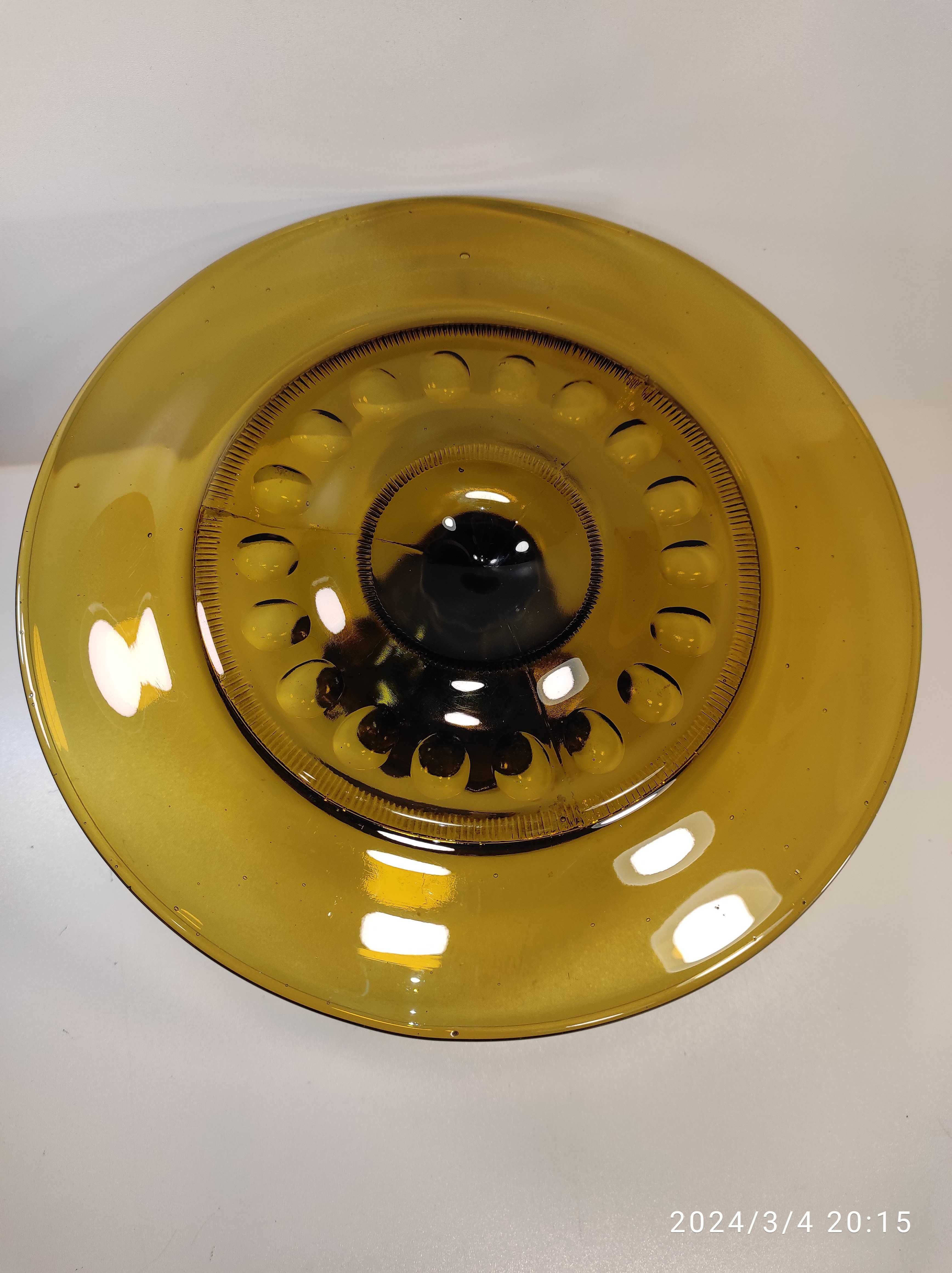 Stara szklana patera żółto-zielona 30cm wys 15cm / szkło PRl