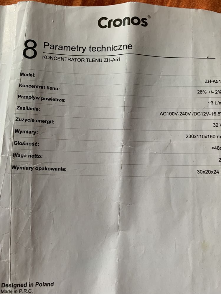 Koncentrator tlenu przenośny cronos