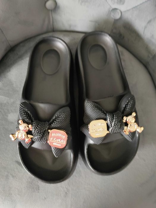 Klapki sandały na platformie złote misie złoto czarne 40 41