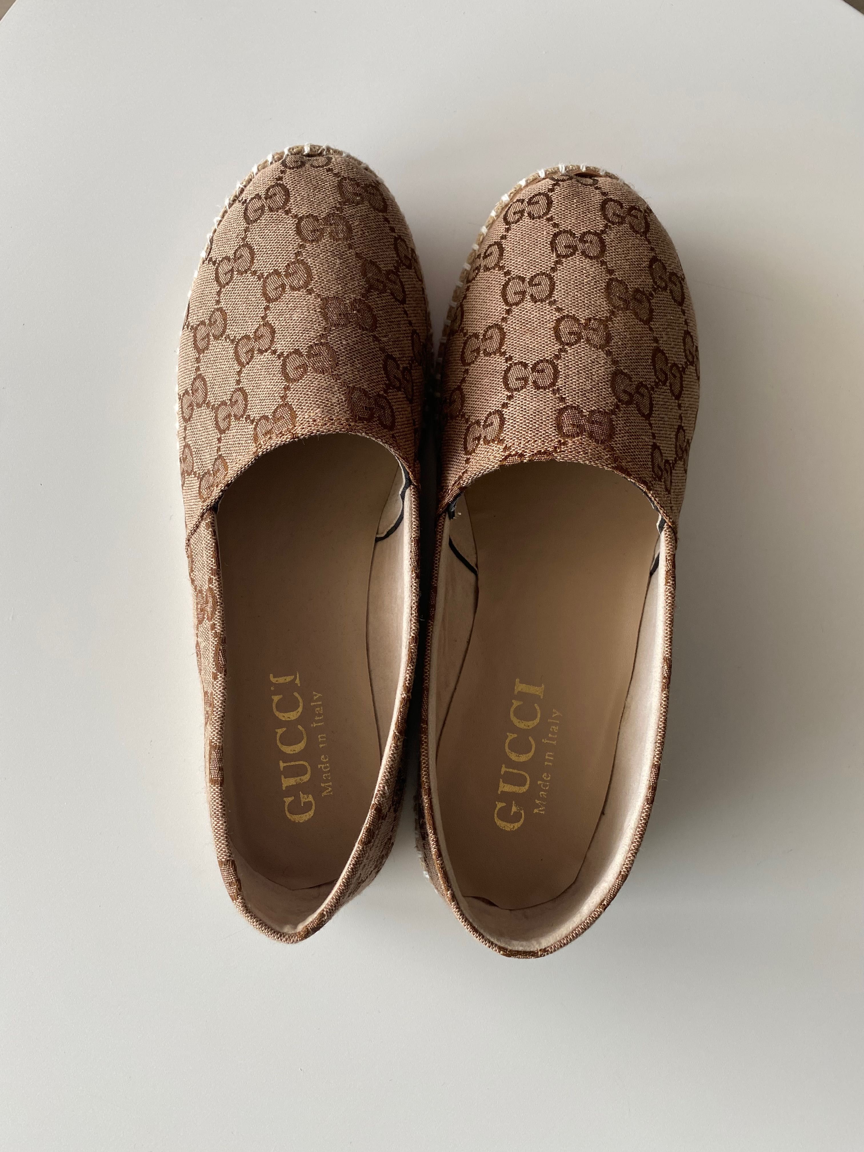 Mokasyny espadryle beżowe brązowe Gucci 24 cm modne wygodne letnie