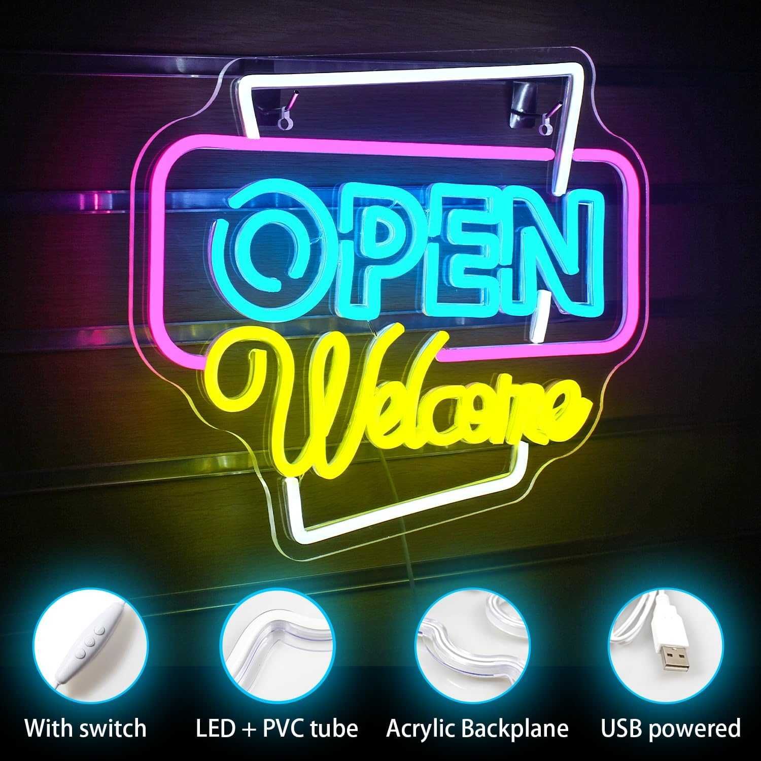 Reclamo Luminoso Néon LED em Acrílico " OPEN - WELCOME "