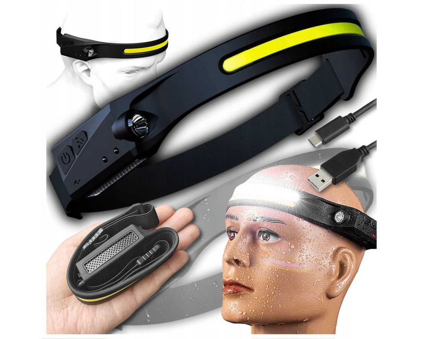 Latarka Czołowa Czołówka LED Akumulatorowa USB Czujnik Ruchu 5 Trybów