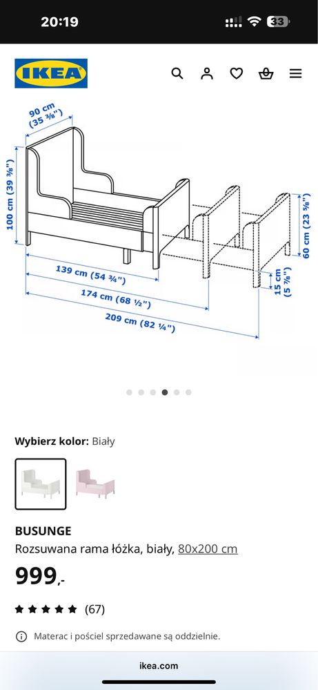 Łóżko łóżeczko Ikea Busunge rozsuwane 80x200 plus materac ikea