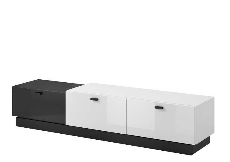 Komplet mebli w białym połysku. Stół, witryna i szafka RTV