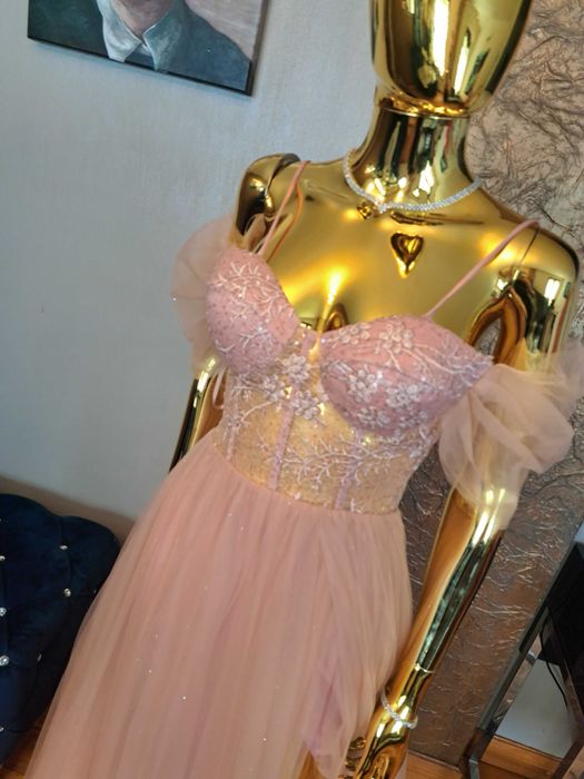 Sukienka na studniówkę, bal gorset+tiul. Pudrowy róż. R38