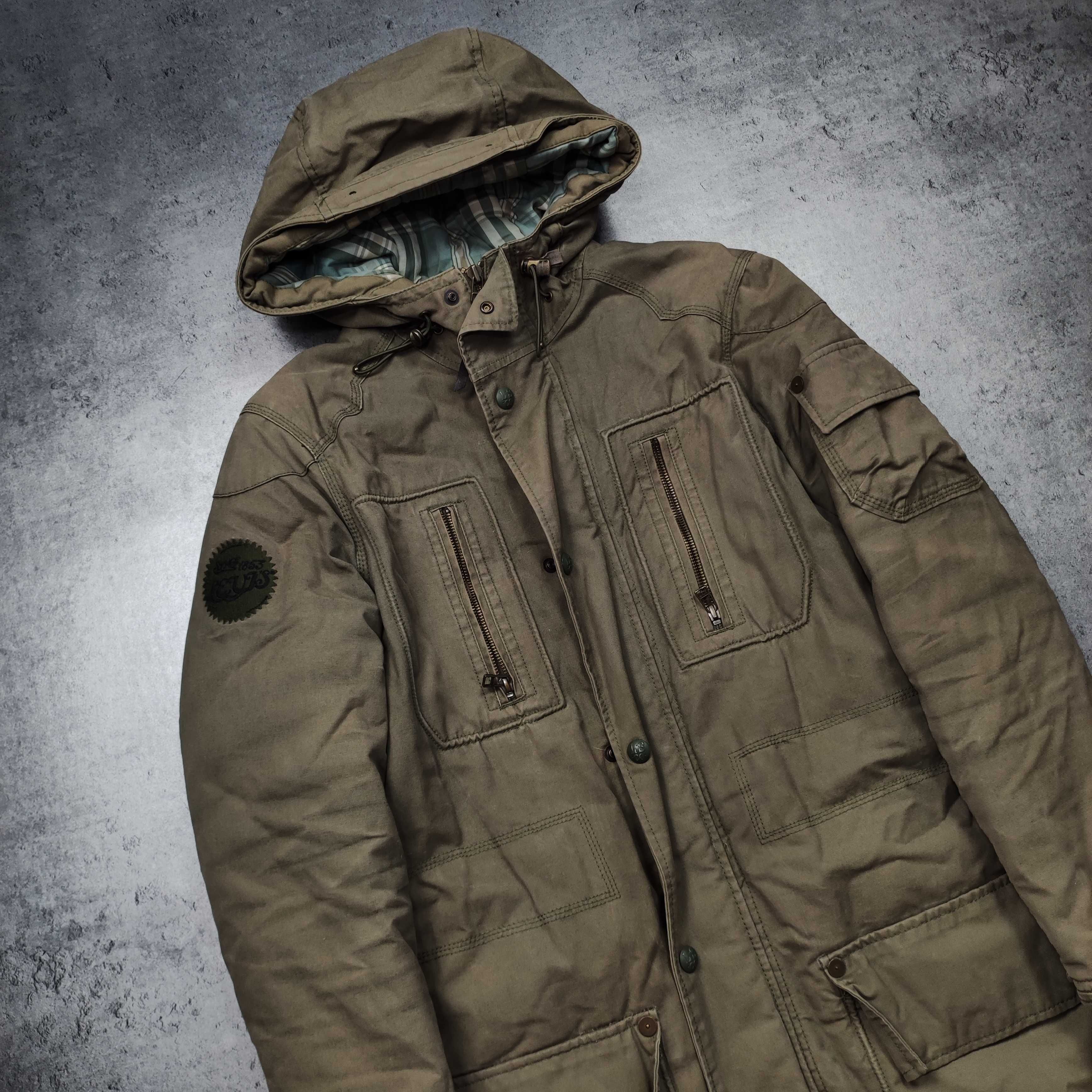 MĘSKA Długa Kurtka Zimowa Levis PARKA Khaki Rozpinana Kaptur Logo Haft