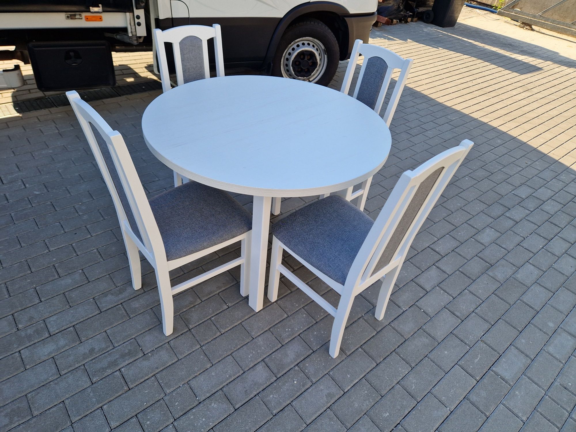 Nowe: Stół okrągły + 4 krzesła, biały + szary, transport cała PL