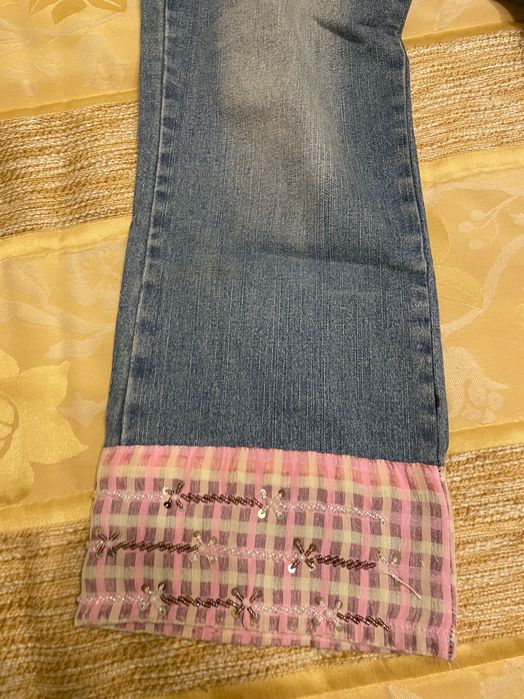 Calças de ganga aplicações nas dobras em baixo em tecido Vichy