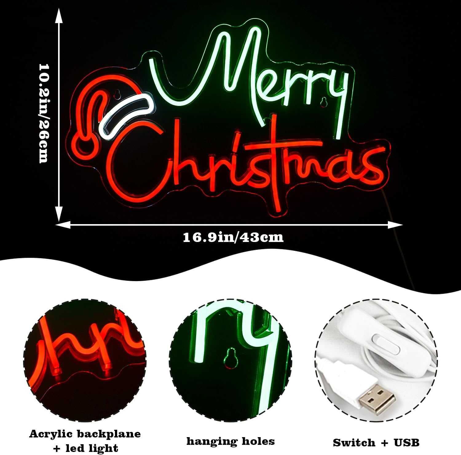 Neon LED Dekoracyjny MERRY CHRISTMAS Wielokolorowy Ściemn. 43x26cm USB