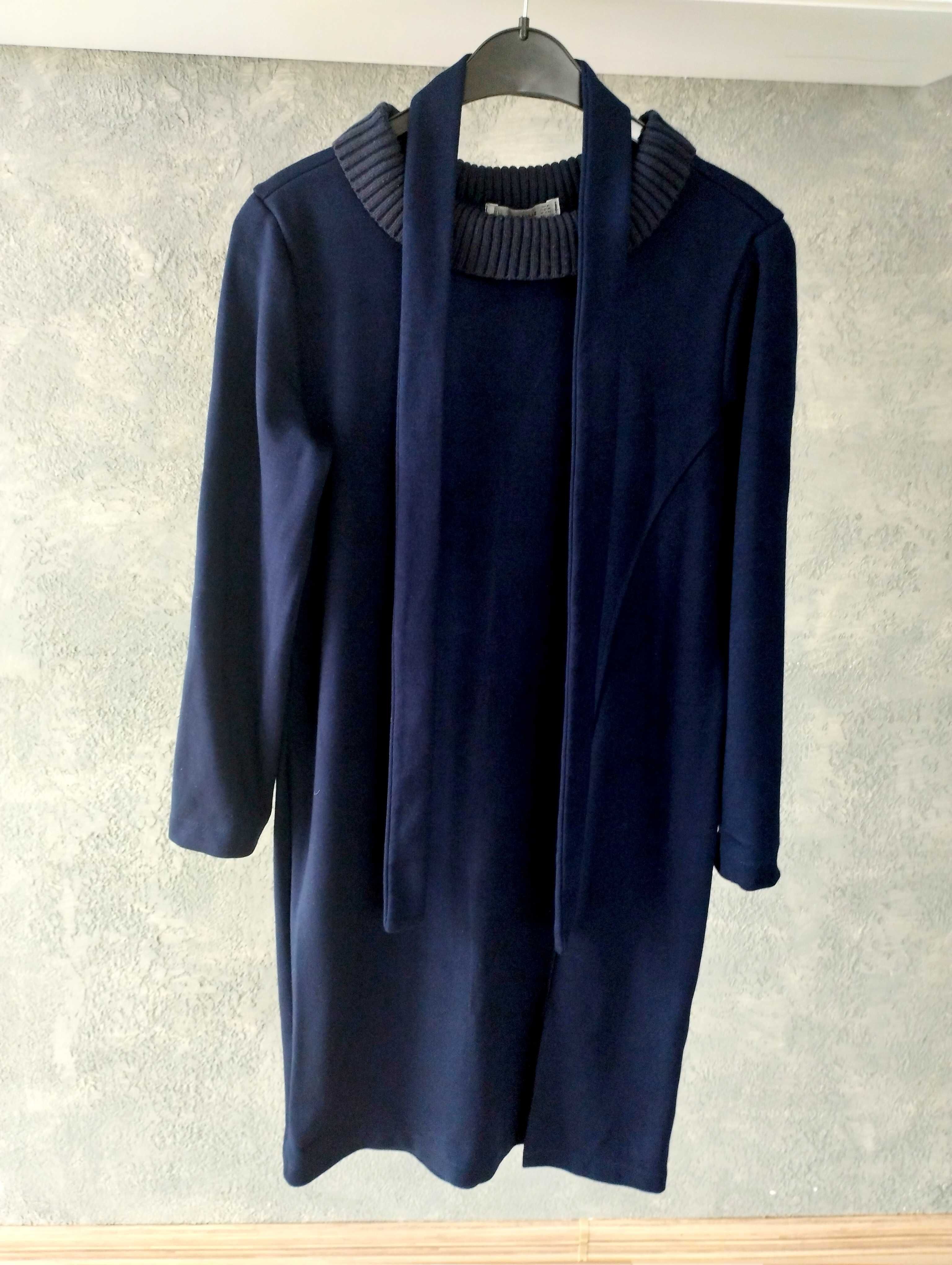 Elegancka sukienka midi, granatowa z paskiem, M, Goldi