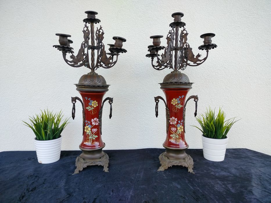 Piękne duże stare palacowe kandelabry świeczniki brąz i ceramika