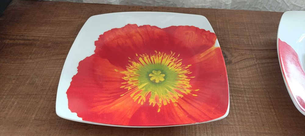 Conjunto chávena café prato sobremesa, prato sopa porcelana papoilas