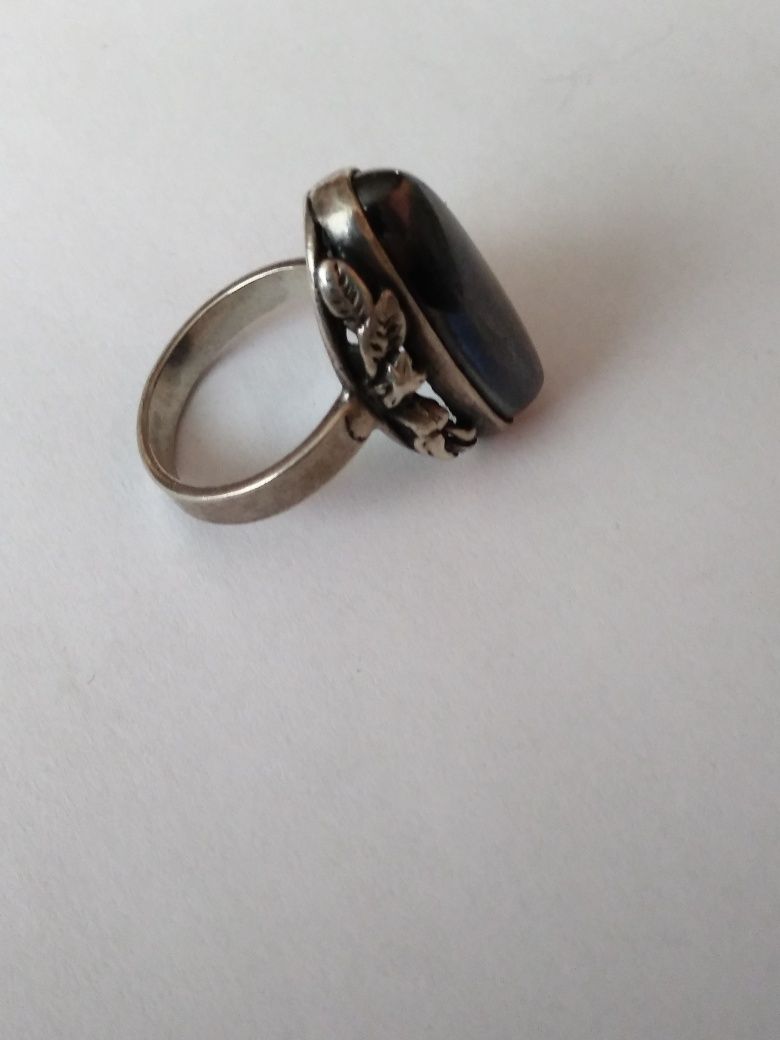 Stary duży pierścionek srebro hematyt krzem retro vintage