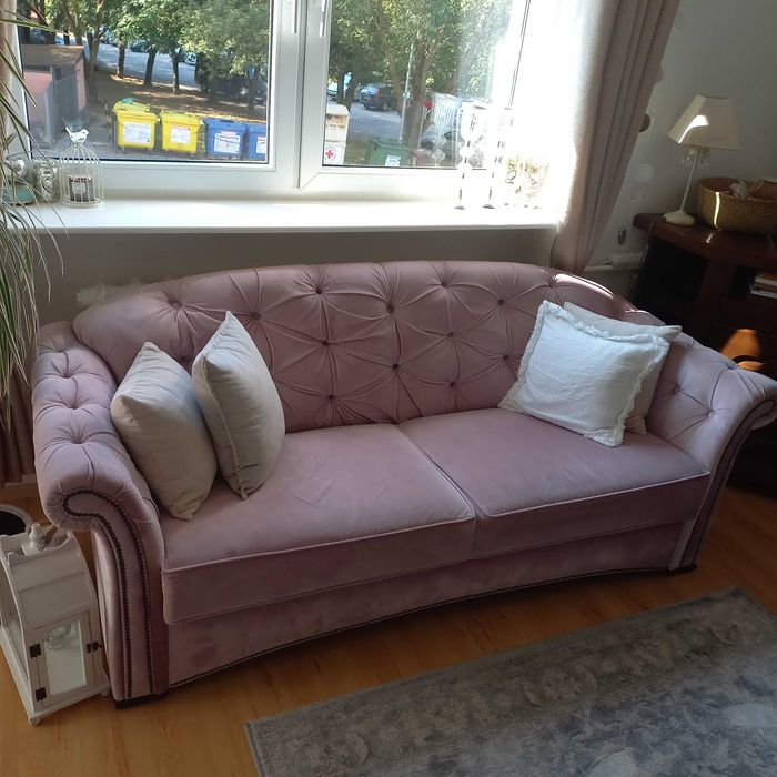 Przepiękna nowoczesna kanapa chesterfield, sofa 3 osobowa, pudrowy róż