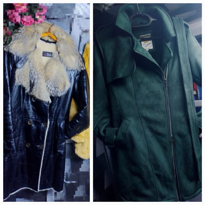 Новое и б.у. на меху пальто .как замша зеленая48-50р.дубленка кожа..