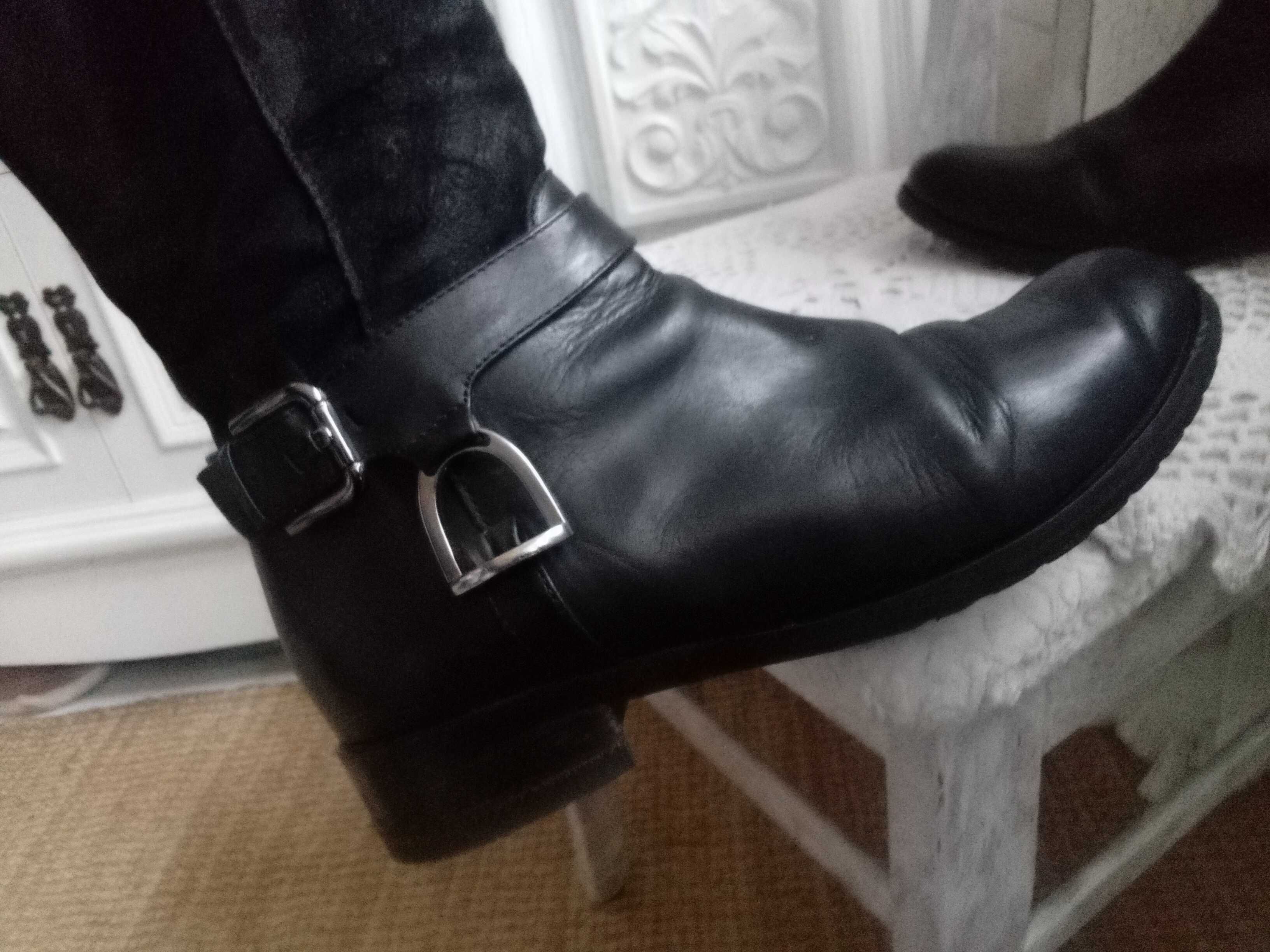 Skórzane buty zimowe damskie kozaki 37 czarne ocieplane zamszowe
