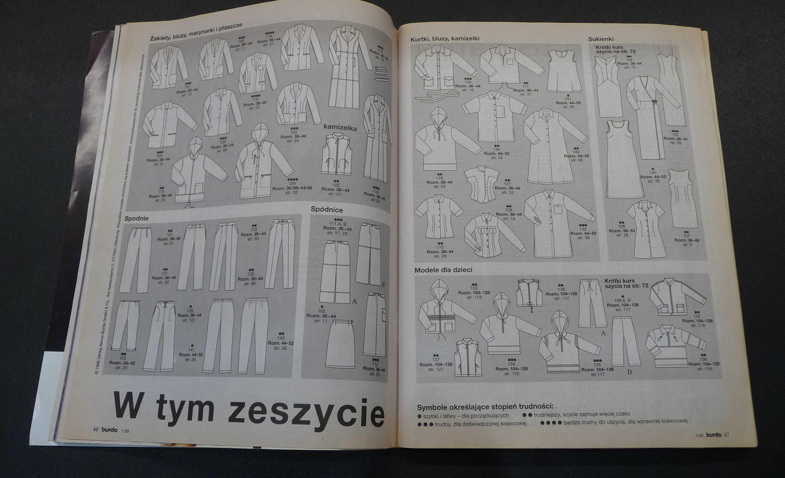 Burda 1/1999. Moda, wykroje krawieckie, krawiectwo, szycie.
