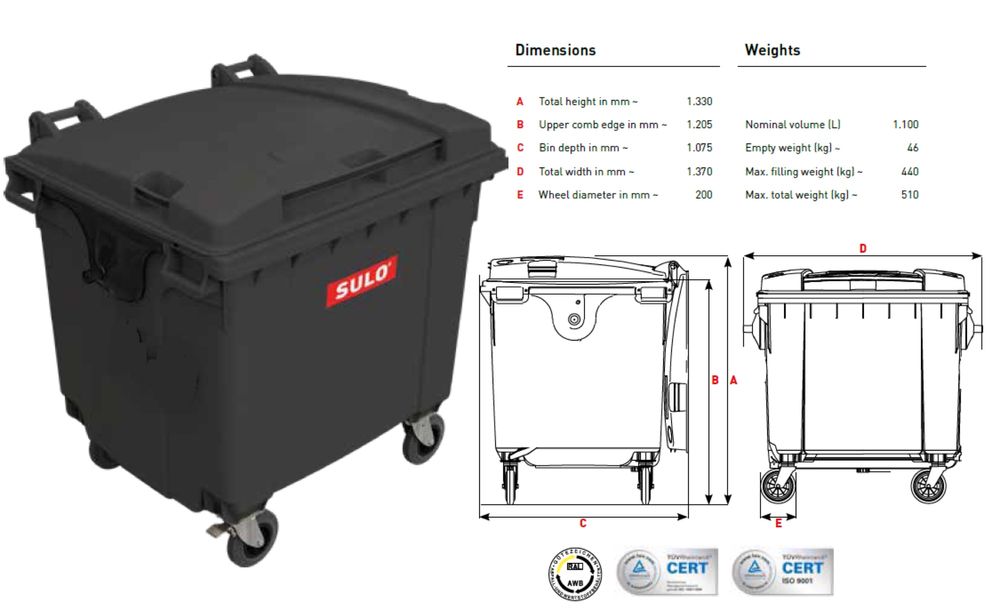 Нові Мусорні  Баки SULO 1100 л Контейнер для мусора ТБО євроконтейнер