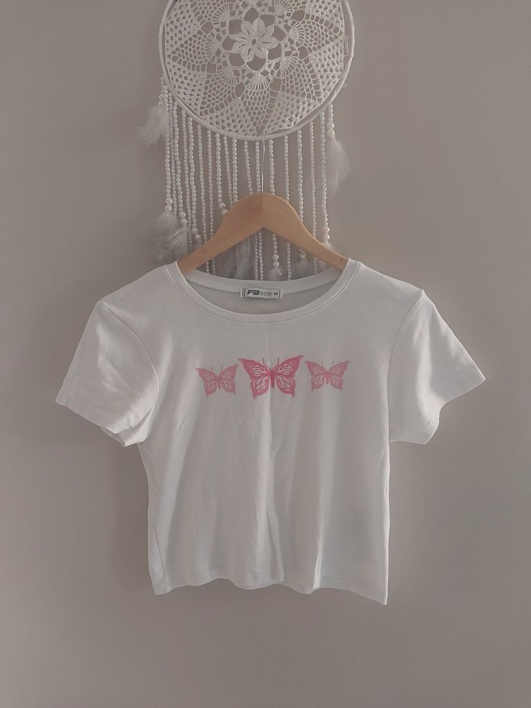 Crop top M 38 biały z motylkami FB Sister t- shirt