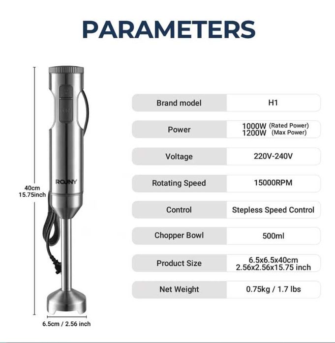 Ручний блендер ROUNY, 4в1, 1000ВТ