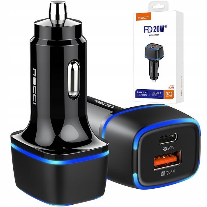 Ładowarka Samochodowa Led Usb I Usb-C 20W Pd Qc 3.0 3A Do Zapalniczki