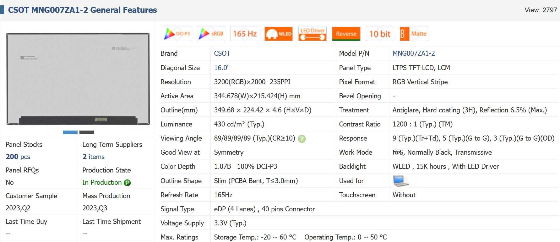 Matryca 16.0" 3200×2000 CSOT MNG007ZA1-2 40PIN