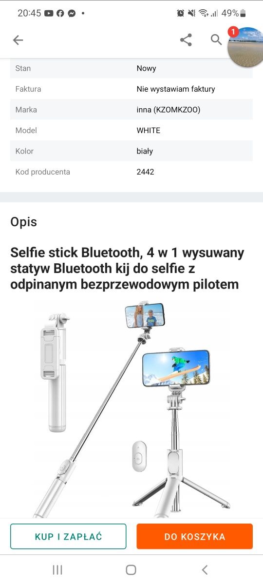 Selfie-stick Kzomkzoo WHITE biały