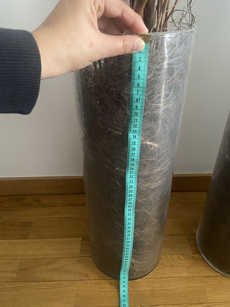 Conj de 3 jarras de vidro, 53cm altura e 19cm diâmetro, com galhos dec