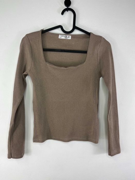 Beżowa nude bluzka z długim rękawem prążkowana Happisess Istanbul S/M