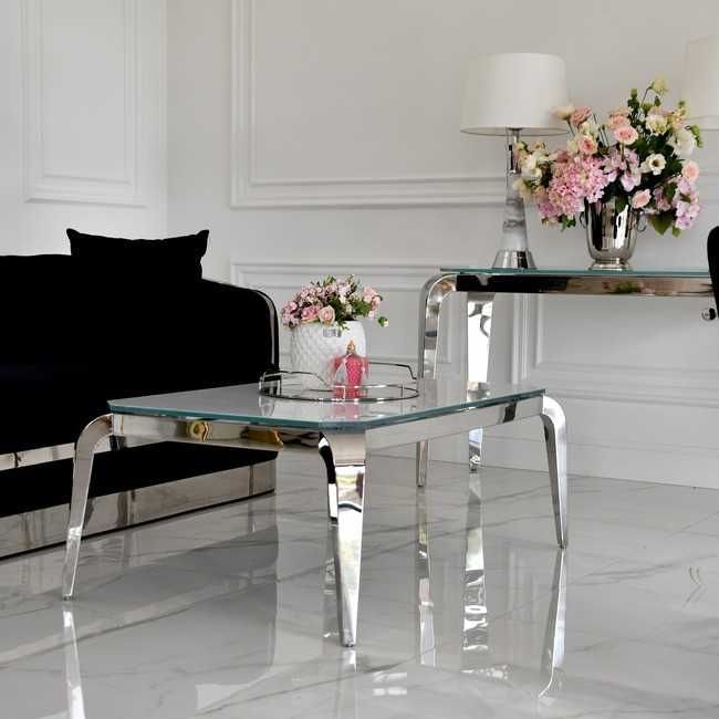 STOLIK KAWOWY GLAMOUR ELITE 110x70 Srebrny Ława Stal Szkło Salon NOWY