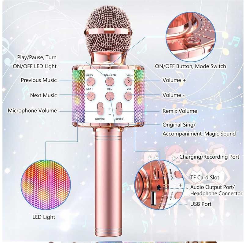 Wowstar Mikrofon Bluetooth do karaoke, bezprzewodowy mikrofon LED