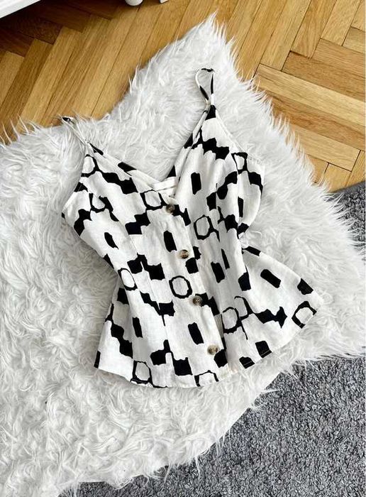 H&M top 100% len lniany geometryczny guziki XS 34
