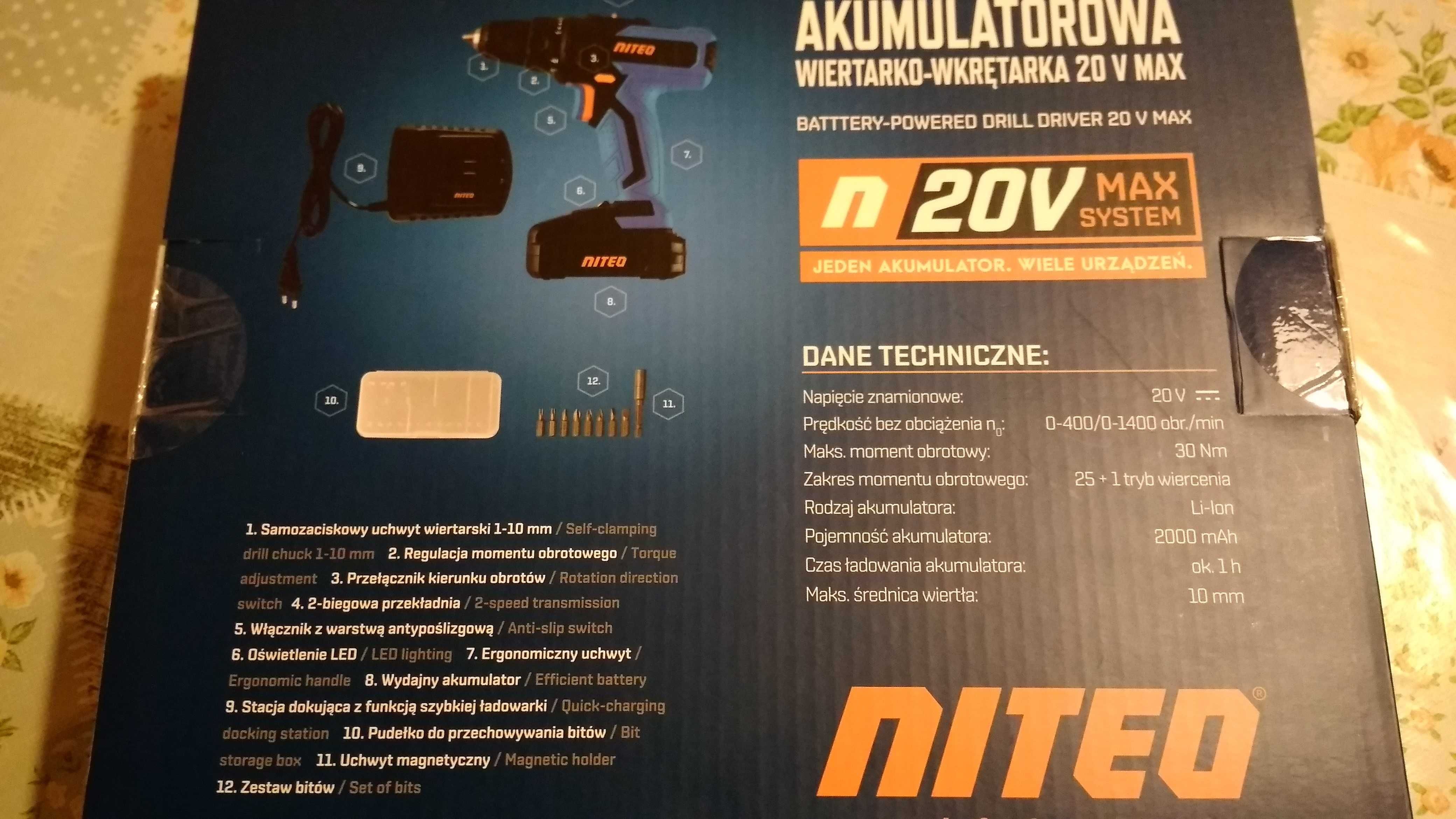 Wiertarko wkrętarka akumulatorowa NITEO 20 V MAX komplet