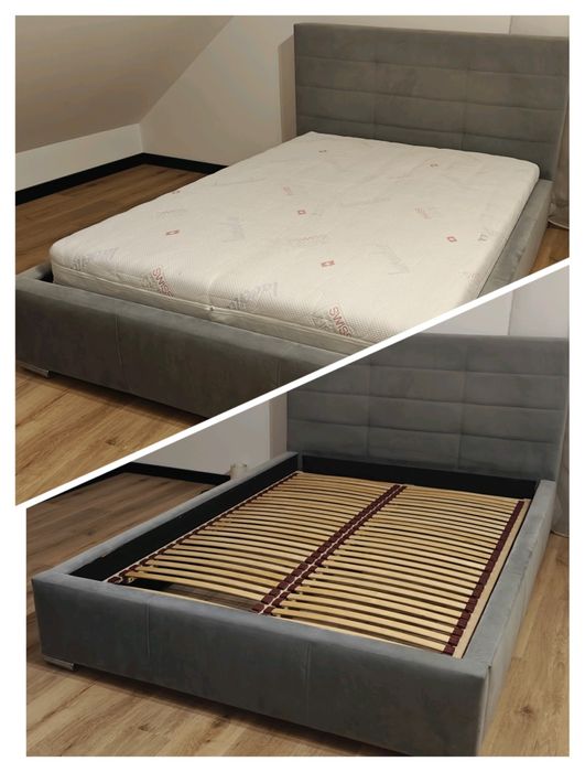 Łóżko tapicerowane 140x200, szare, ze stelażem i materacem (lub bez)