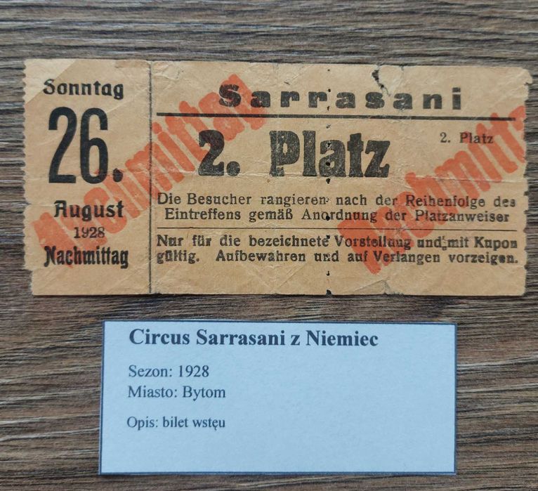 Circus Sarrasani 1928 rok w Bytomiu cyrk bilet wstępu cyrkowy cyrkowe