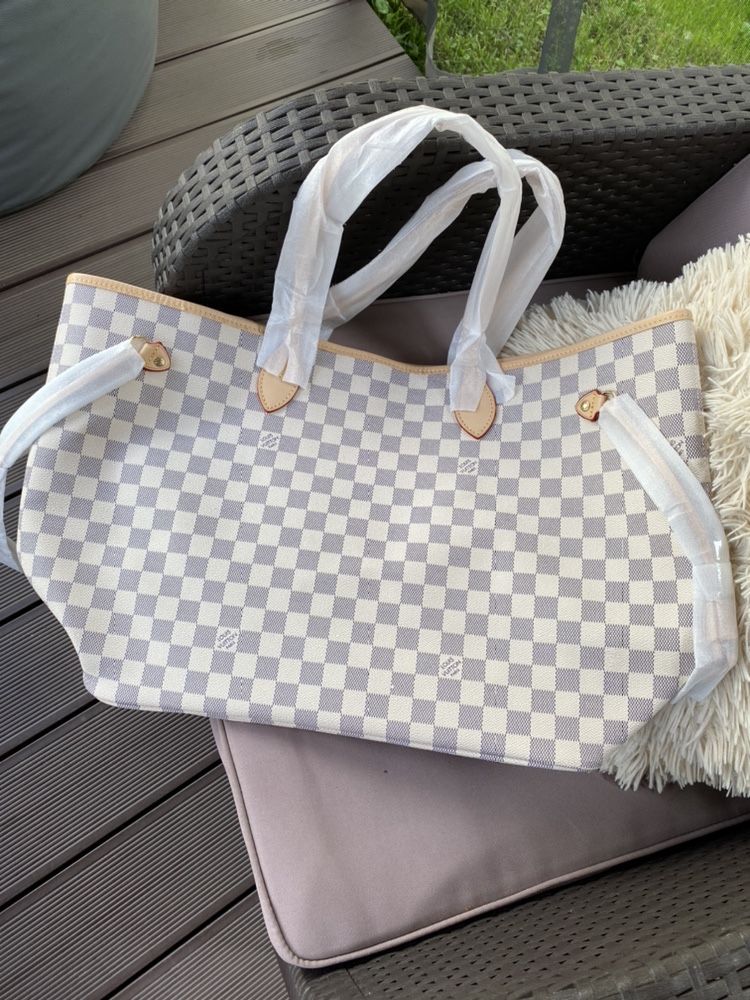 Torebka damska LV Louis Vuitton neverfull damier azur MM skóra róż