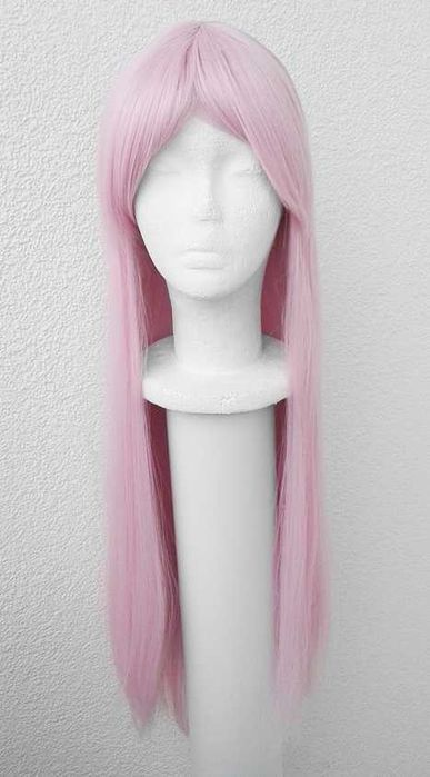 Długa prosta różowa peruka pastelowa z grzywką cosplay wig