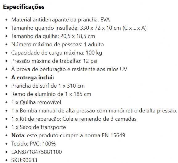 Prancha Stand up paddle 330 x 72 x 10 cm