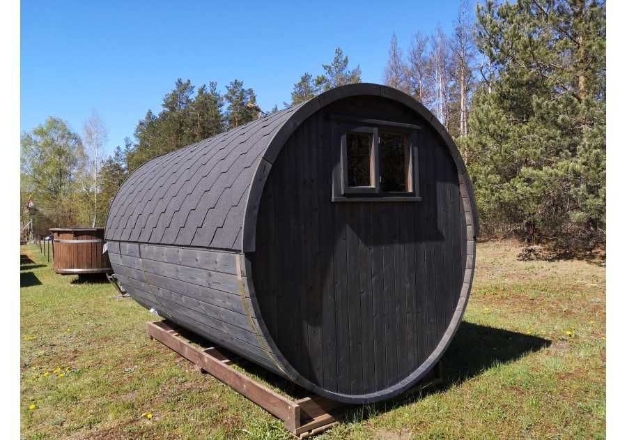 Sauna ogrodowa drewniana OKRĄGŁA 3,5x2,3m beczka, ruska bania, fińska
