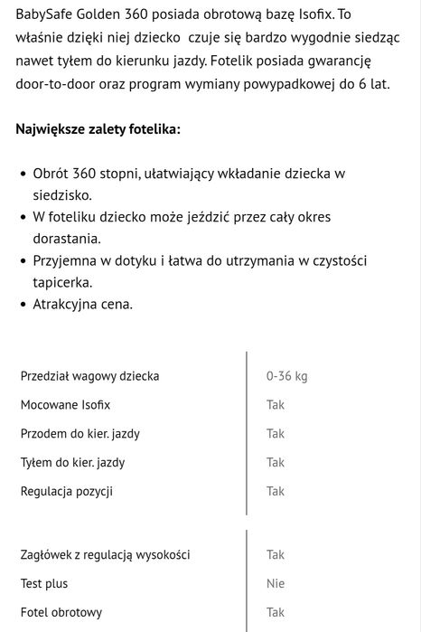 Fotelik samochodowy BabySafe Golden 360