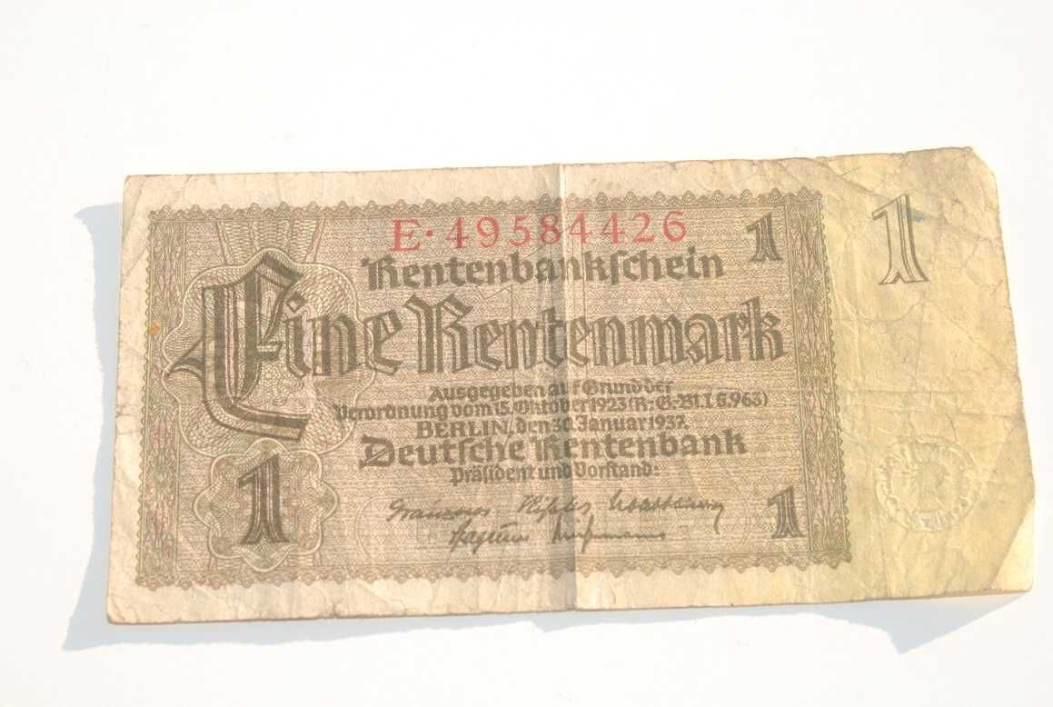 Stary banknot 1 marki 1 Rentenmark 1937 antyk Niemcy - III Rzesza