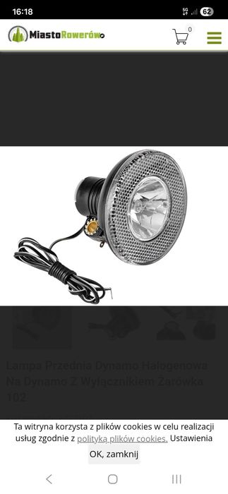 Lampa przednia dynamo halogenowa na dynamo z wyłącznikiem żarówka