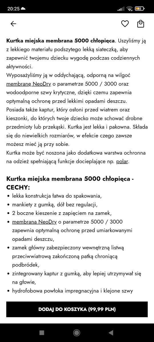 Kurtka miejska wiosenna 4f membran 5000 rozm. 128, pasuje na rozm. 122