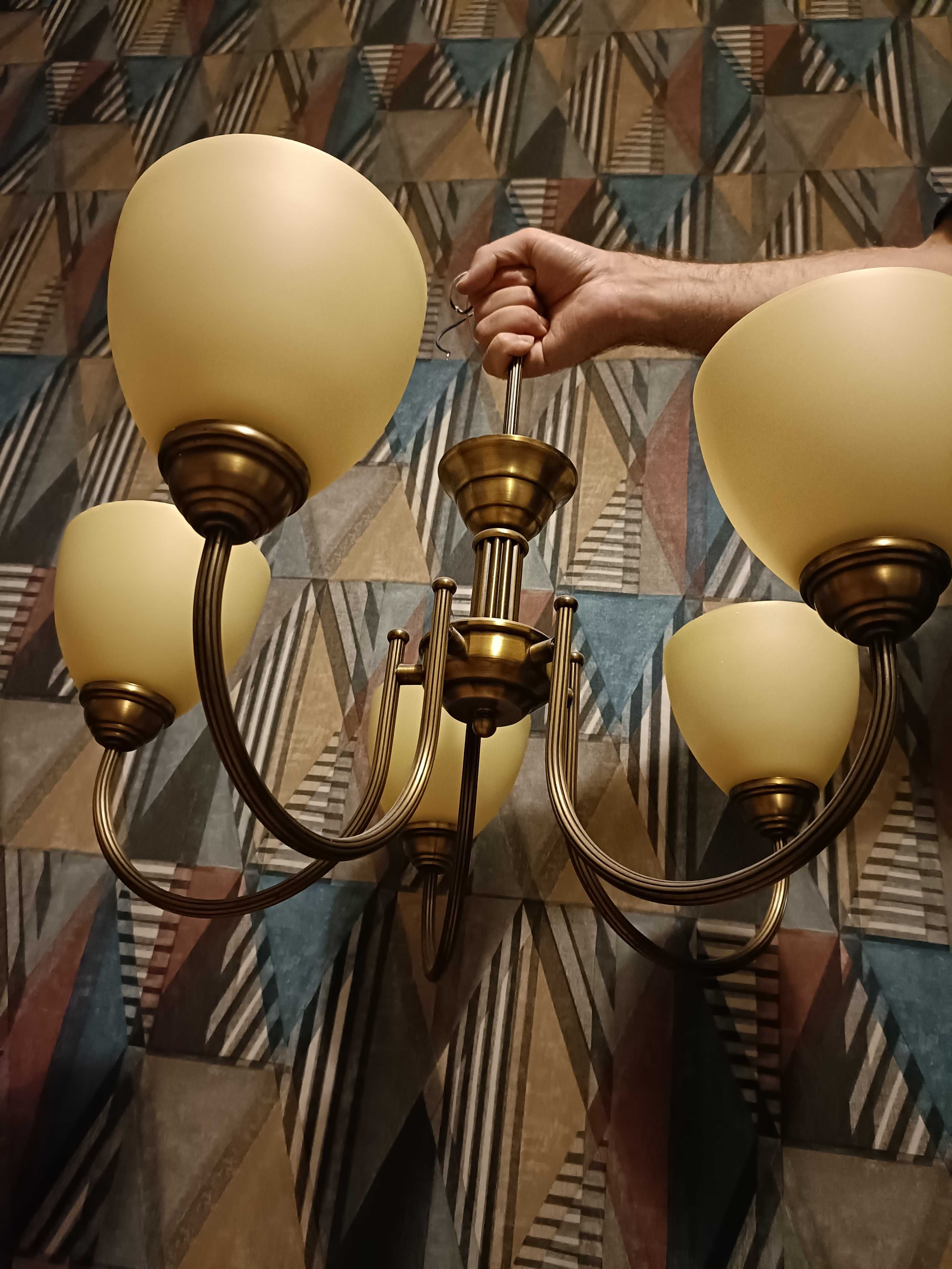 Lampa szklana wisząca, retro żyrandol, szkło i metal