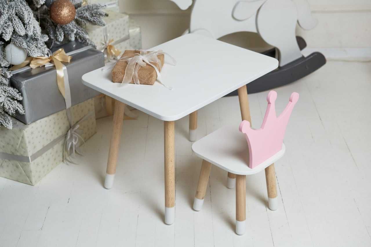 Дитячий білий прямокутний стіл і стільчик рожева корона