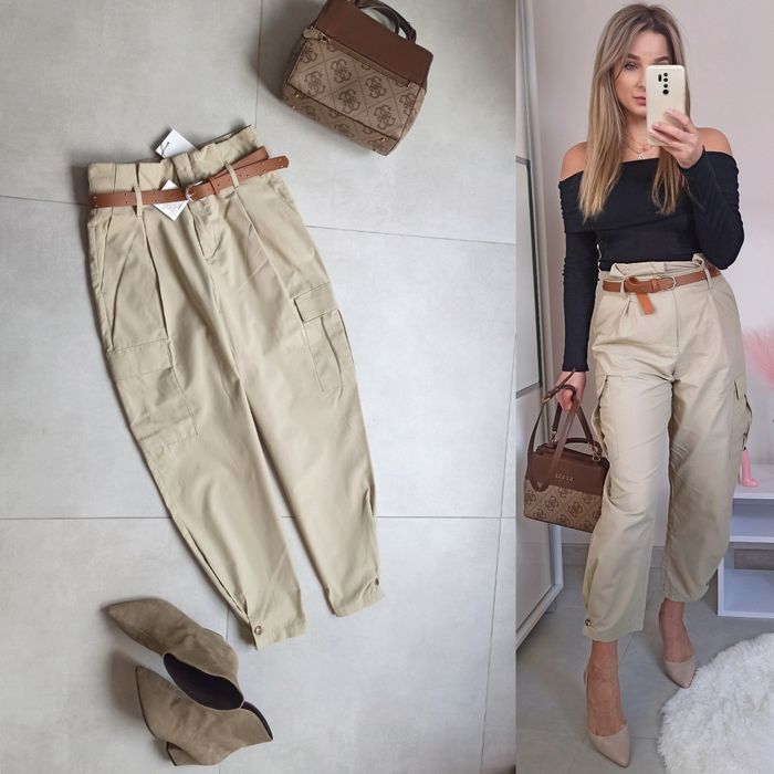 Zara spodnie beżowe m 38 wysoki stan pasek cargo