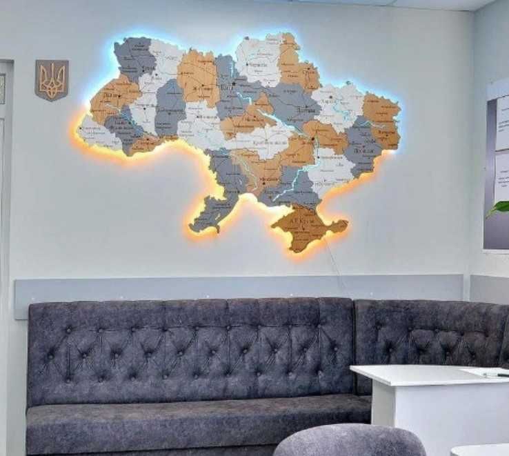 Дерев'яна 3Д мапа України річки карта Украины дерево підсвітка ЛЕД