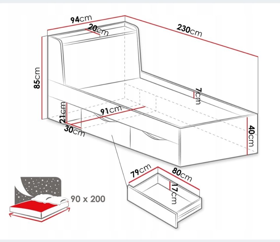 Łóżko młodzieżowe Delta 90x200 z szufladami