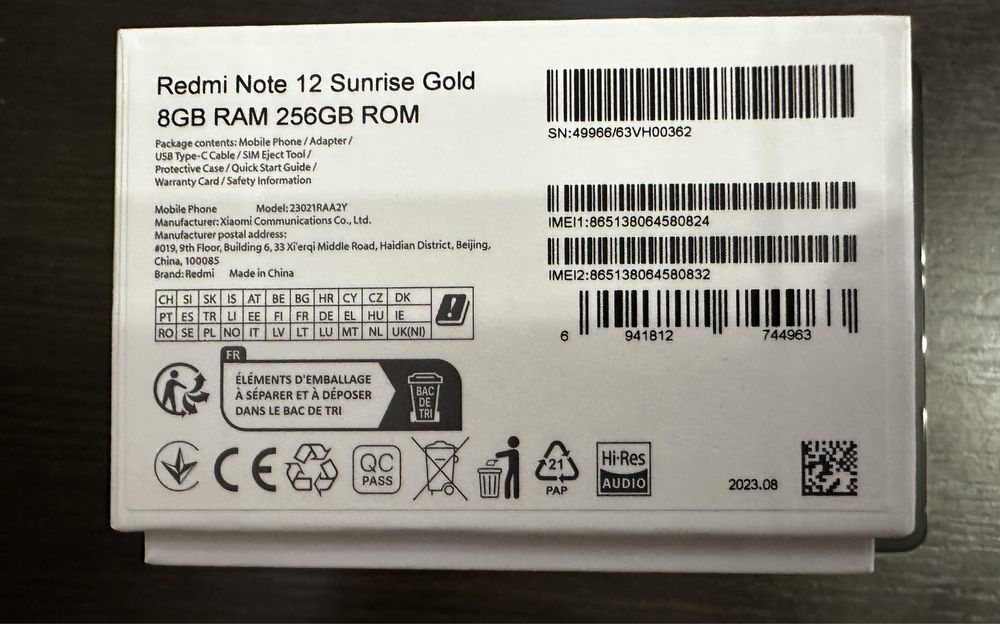 Xiaomi Redmi note 12 8/256gb NFC Sunrise Gold EU