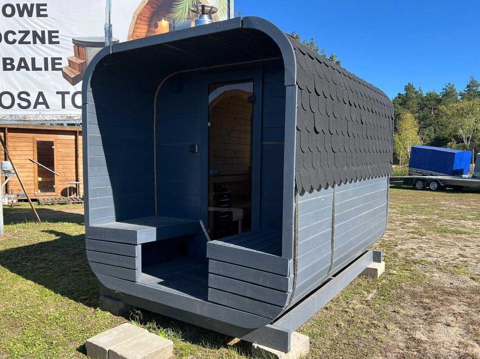 Sauna ogrodowa z piecem opalanym drewnem panorama ławeczka 1-8 osób